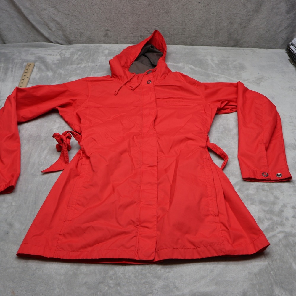 Columbia Jacket Women Large Red Hooded Tie Waist Pardon My Trench Coat Rain Wind